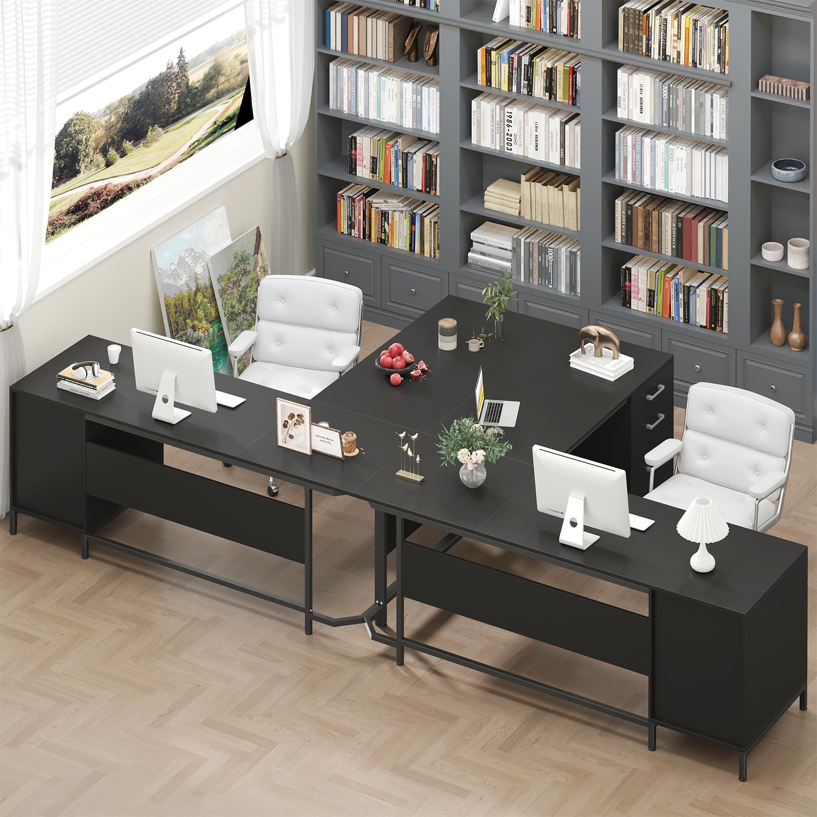 59" L-Shaped Desk with 6 Drawers and File Cabinet