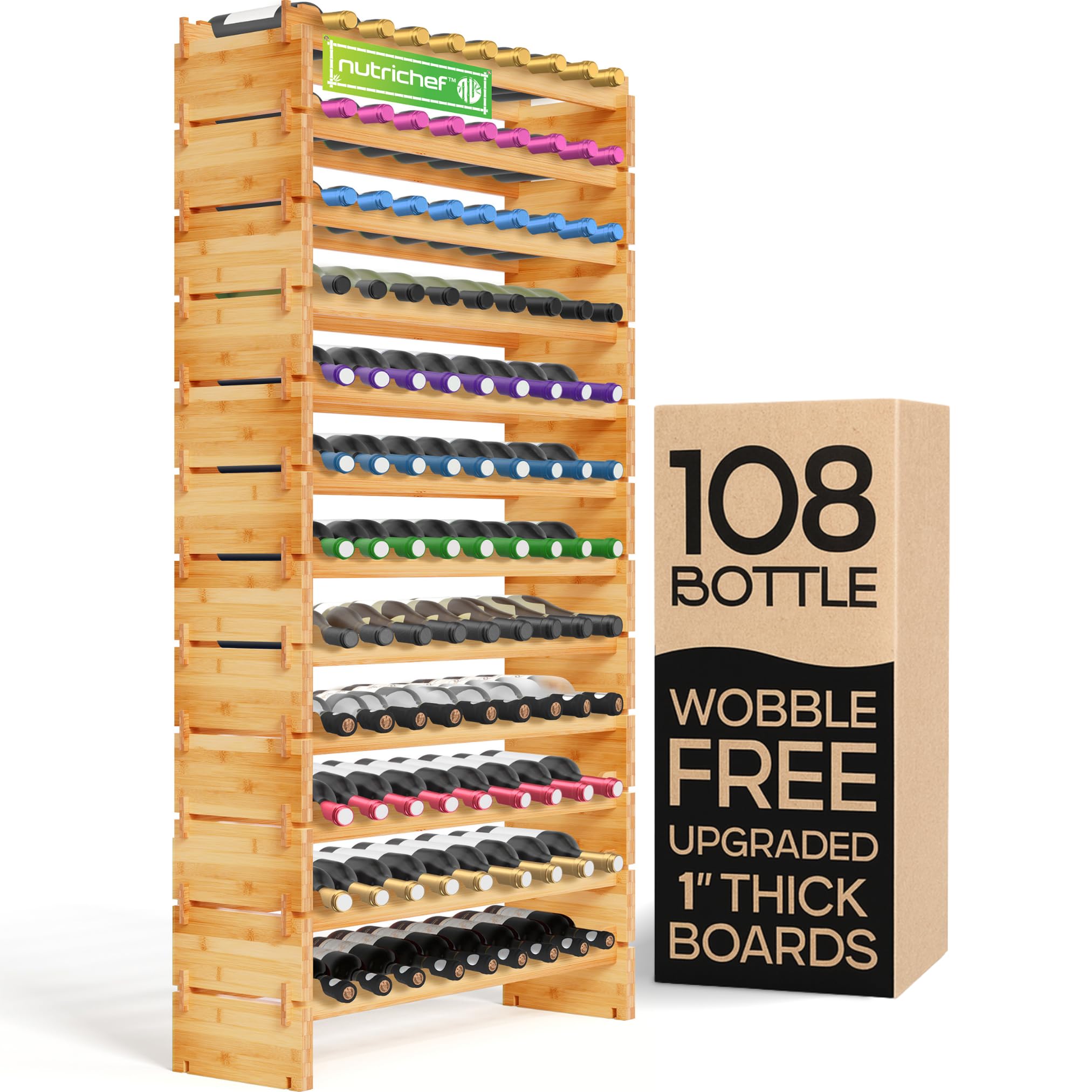 108 Bottle Bamboo Wine Rack Stackable Freestanding 12 Tier