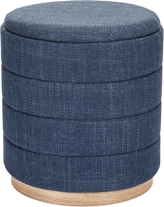 Round Storage Ottoman - Linen Upholstered Footrest Bench
