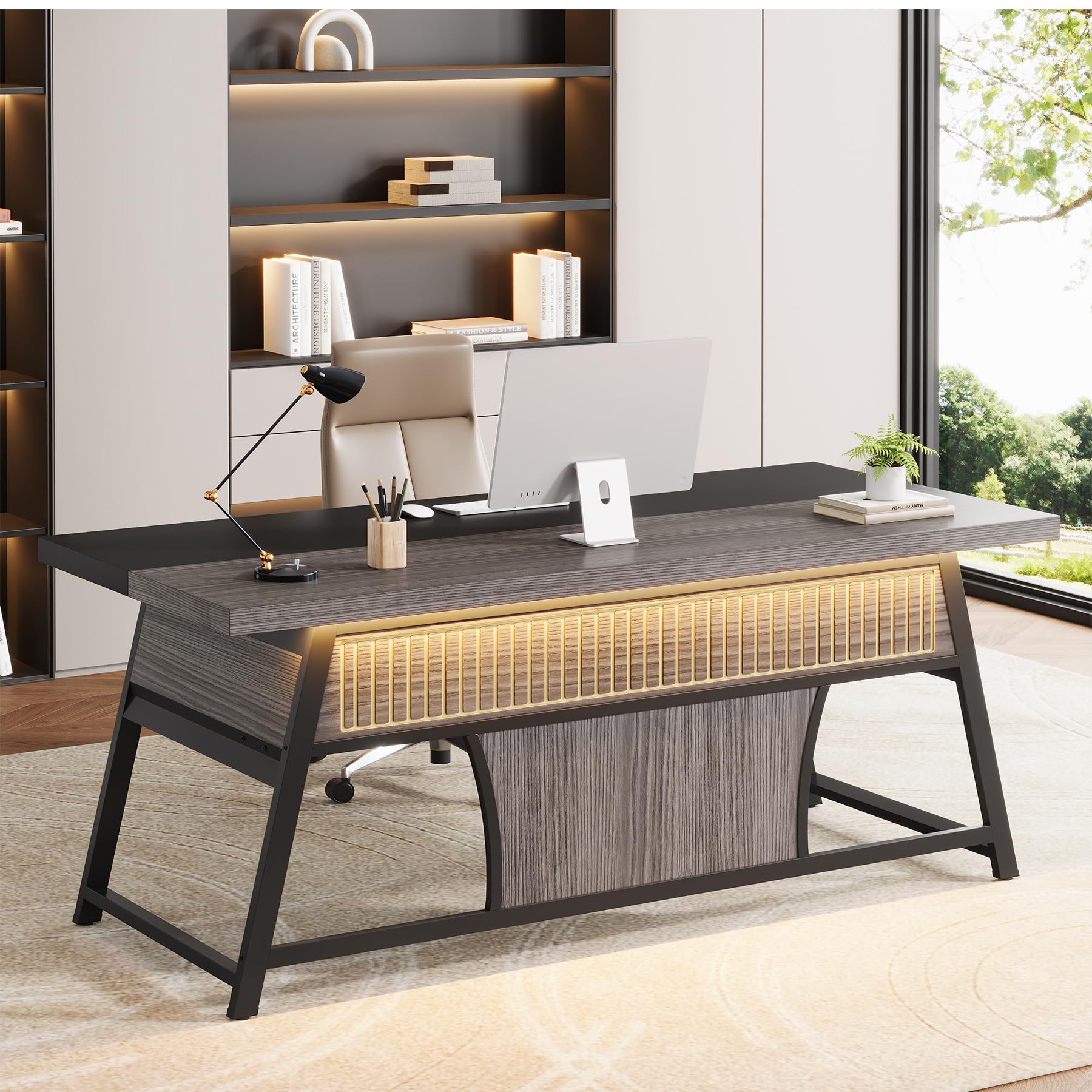 63-Inch Executive Desk with Bookshelf and LED Light