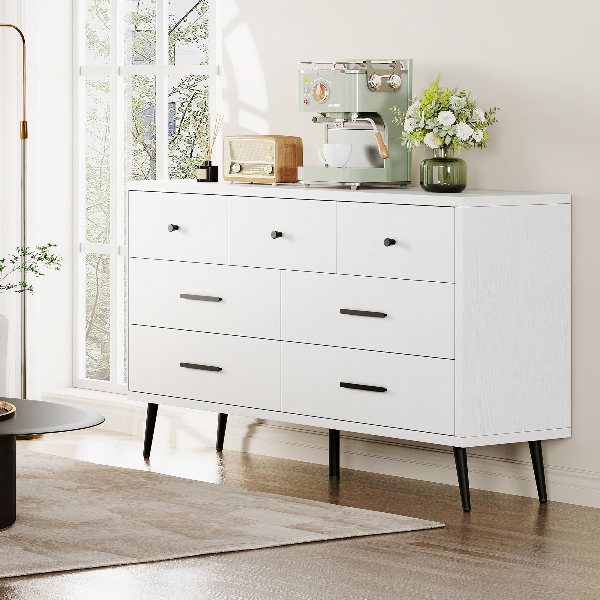 White 7 Drawer Dresser 47 Inch Wide Double Chest of Drawers