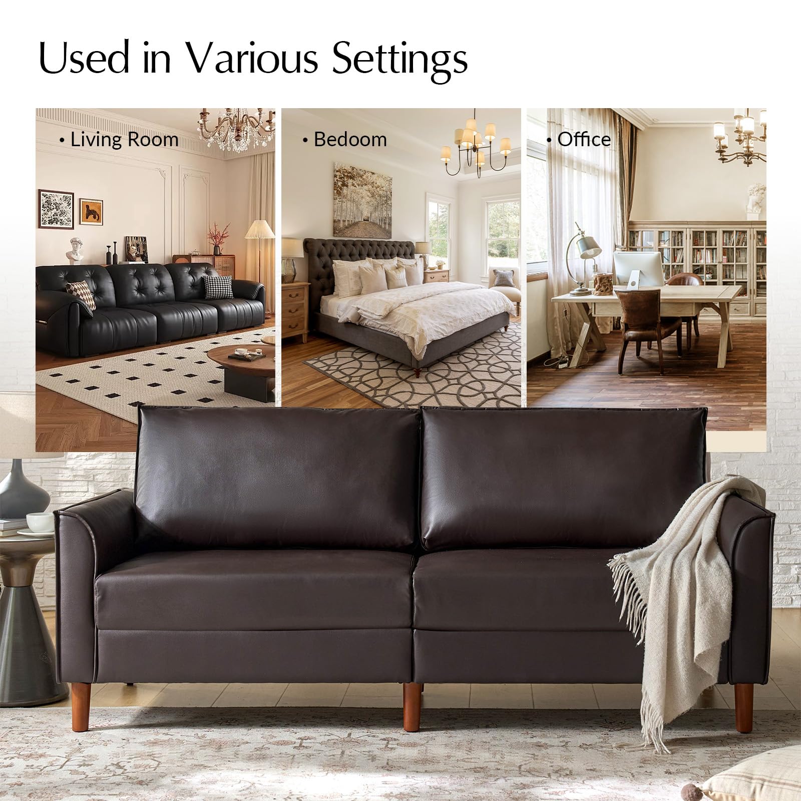 78.5" Mid-Century Faux Leather Sofa