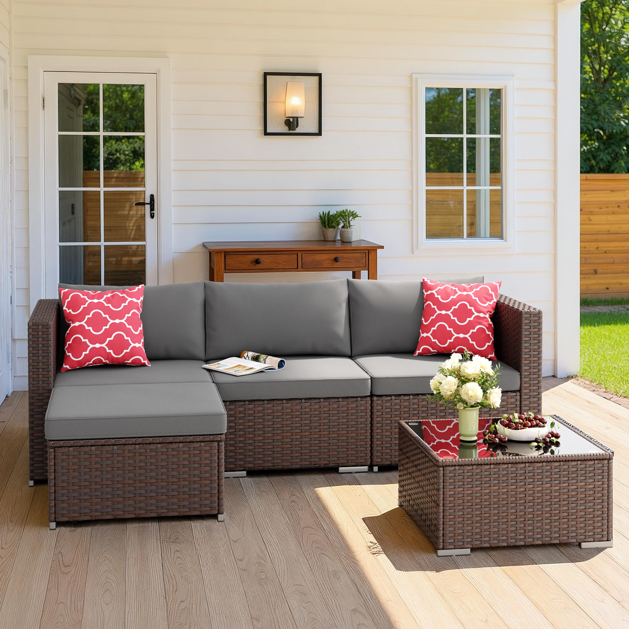 5-Piece Outdoor Wicker Sectional Set with Cushions
