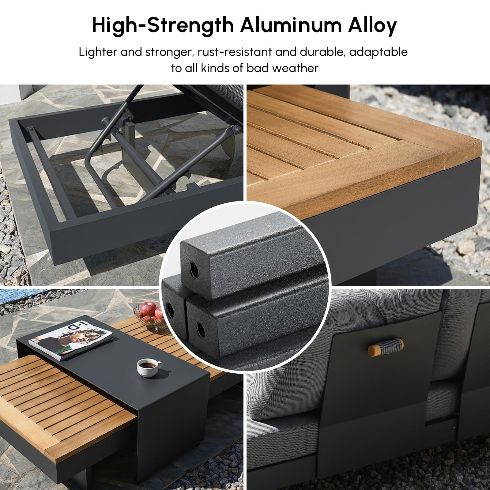 6 Piece Aluminum Teak Patio Sectional Sofa Set with Adjustable Backrests