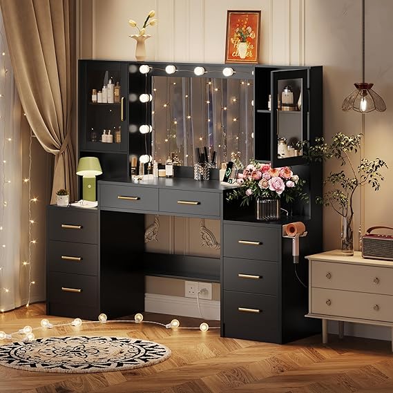 Large Black Vanity Desk with Mirror and Charging Station