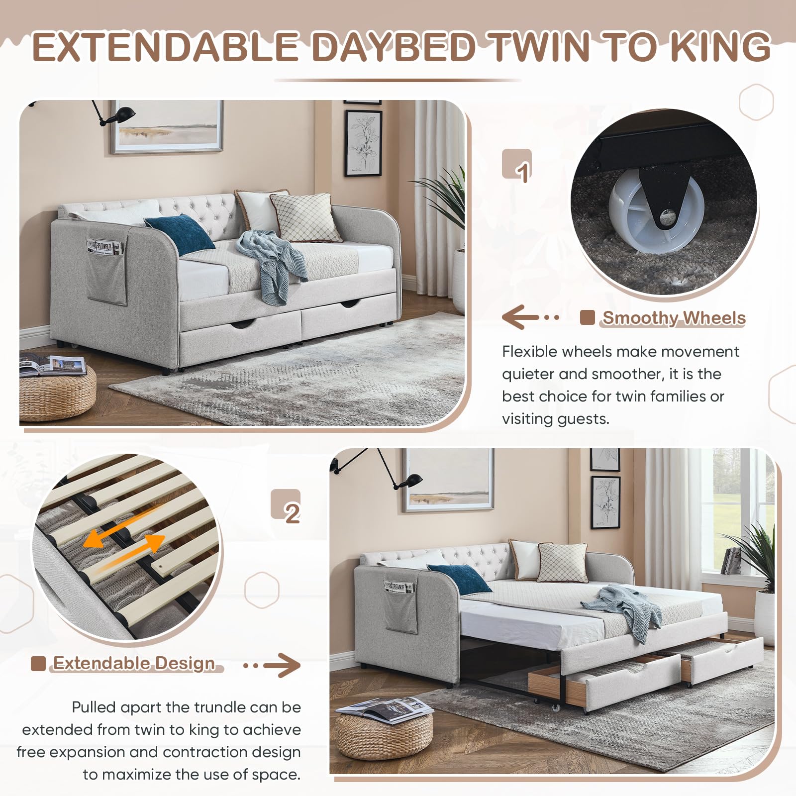 80.5" Tufted Linen Daybed with Trundle and Storage Drawer