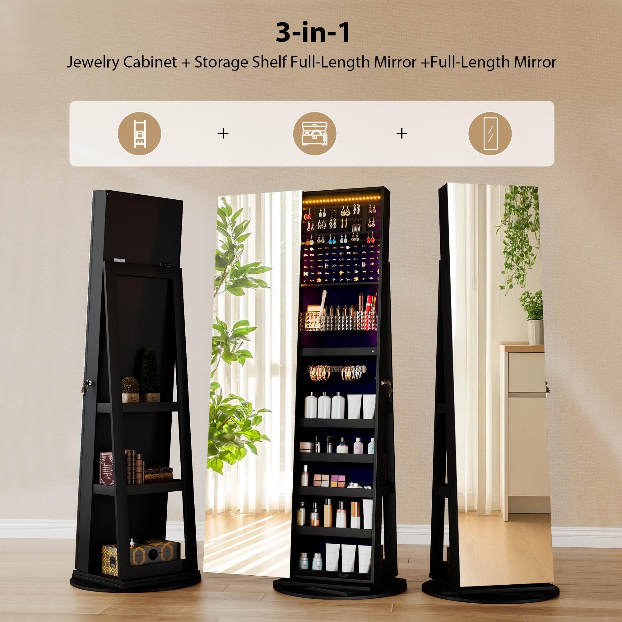 360° Rotating Jewelry Mirror Cabinet with LED Lights