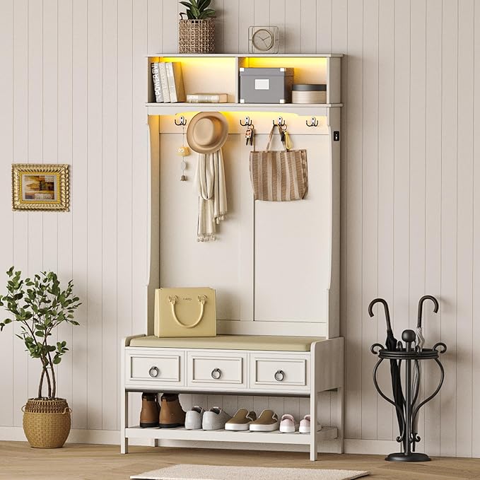 67" Farmhouse Hall Tree with LED Lighting and Shoe Storage