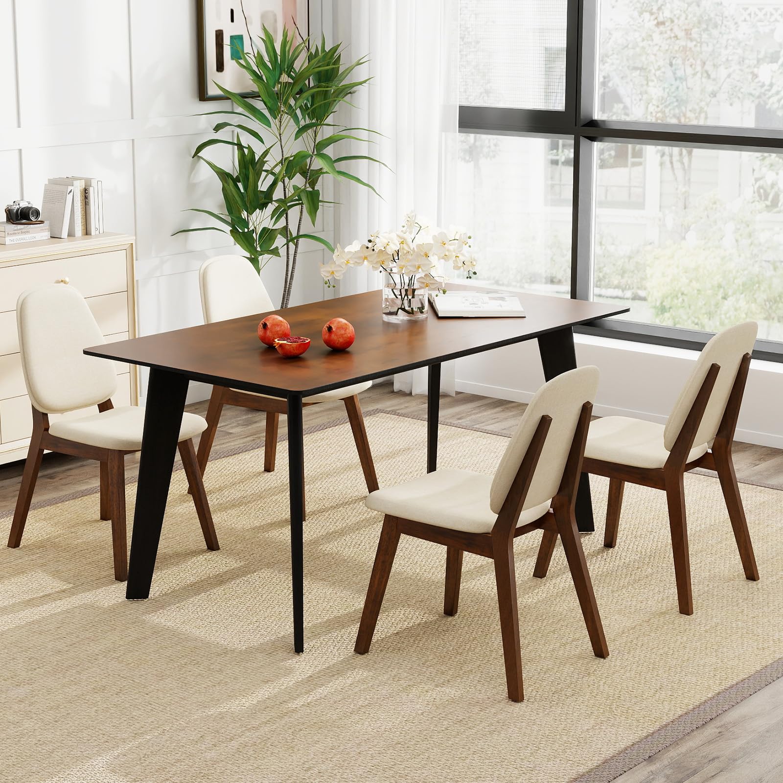 Wooden Dining Chairs Set of 4 - Linen Upholstered with Curved Back