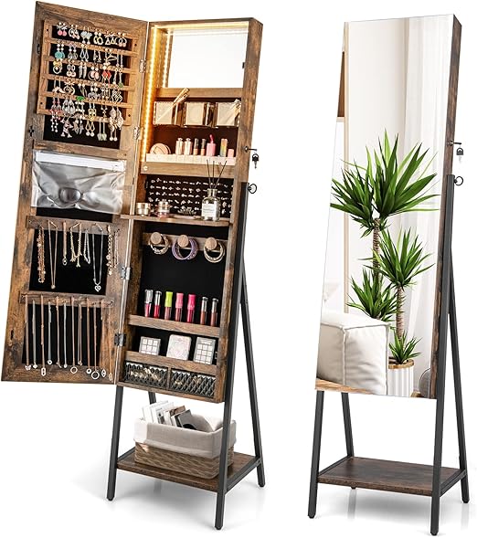 Standing Jewelry Armoire with Full Length Mirror and LED Lights