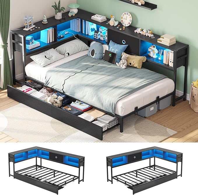 Full Corner Bed Frame with Storage Drawers and Bookcase Headboard