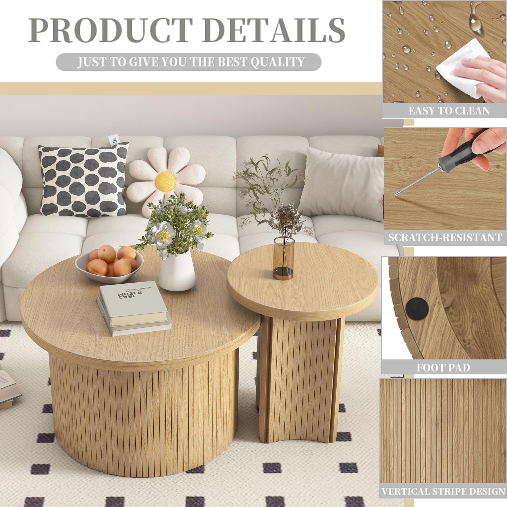 Mxtxmy Set of 2 Nesting Coffee Tables Farmhouse,Round Coffee Table Living Room,Wood Finish Coffee Table Set, Small Coffee Tables, Sofa Side Living Room Bedroom Coffee Side Table (Large Size - Set)