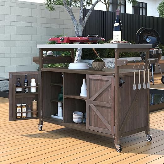 Outdoor Kitchen Rolling Bar Cart with Stainless Steel Top