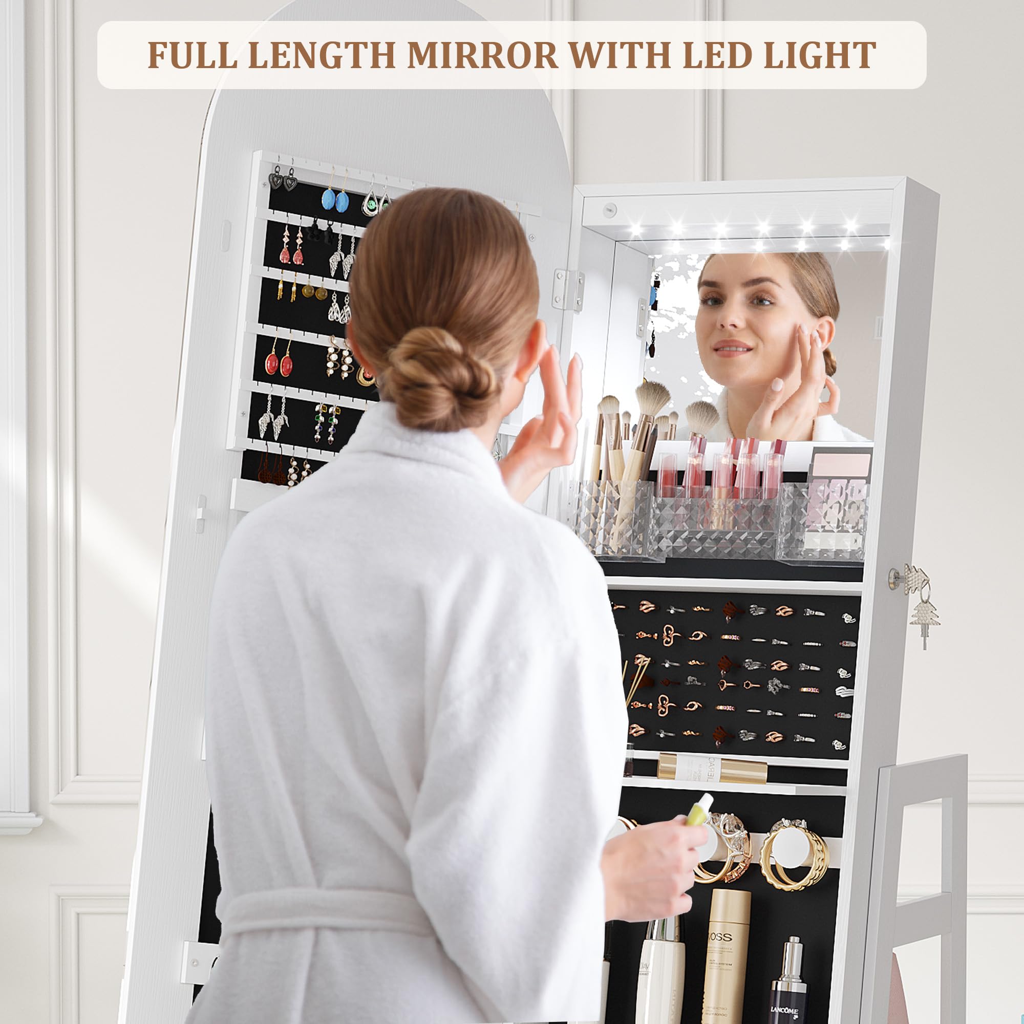 LED Mirror Jewelry Cabinet Standing Lockable Armoire