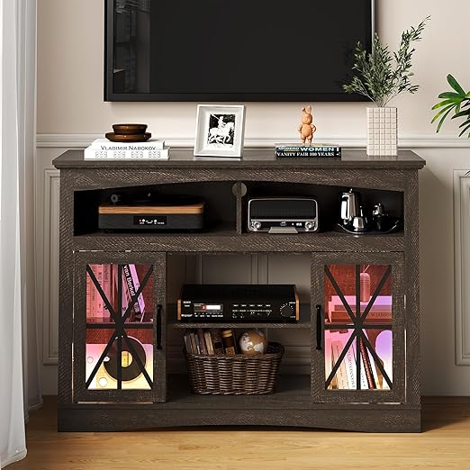 47" Farmhouse TV Stand with LED Lights and Glass Doors