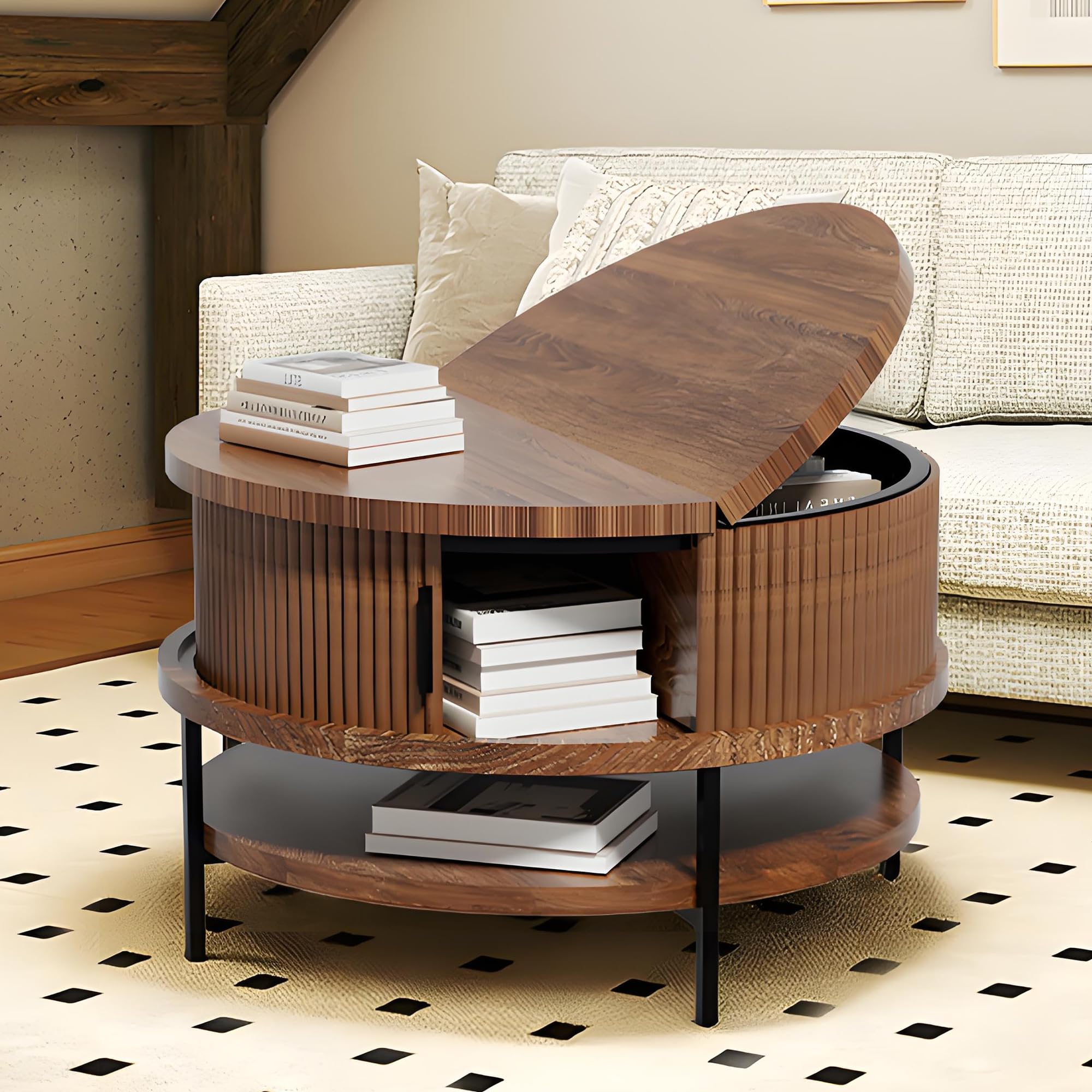Round Flip Top Coffee Table with Storage