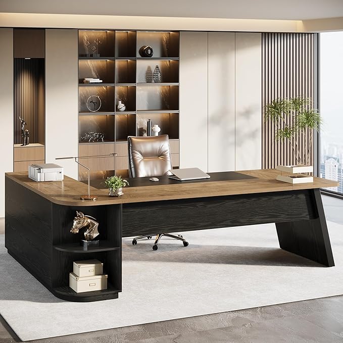 79-Inch L-Shaped Executive Desk with Storage Cabinet