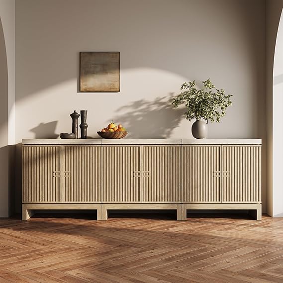 Travertine Sideboard Buffet Cabinet with Fluted Doors