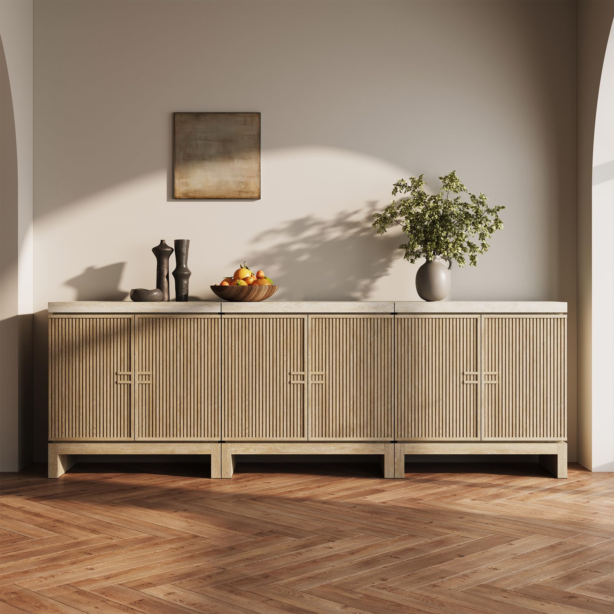Travertine Sideboard Buffet Cabinet with Fluted Doors