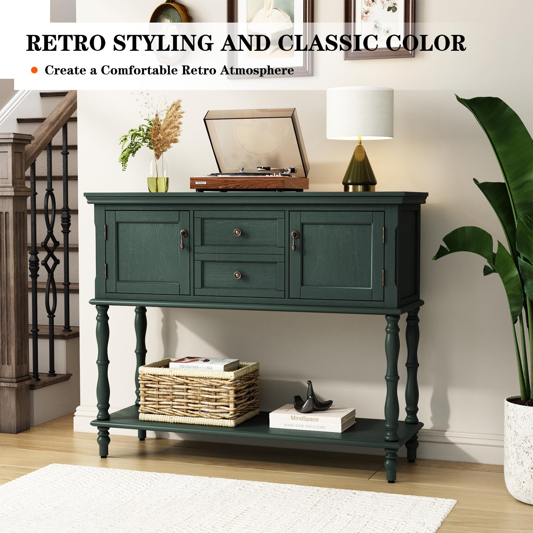 Retro Console Table with 2 Drawers and Storage Cabinets