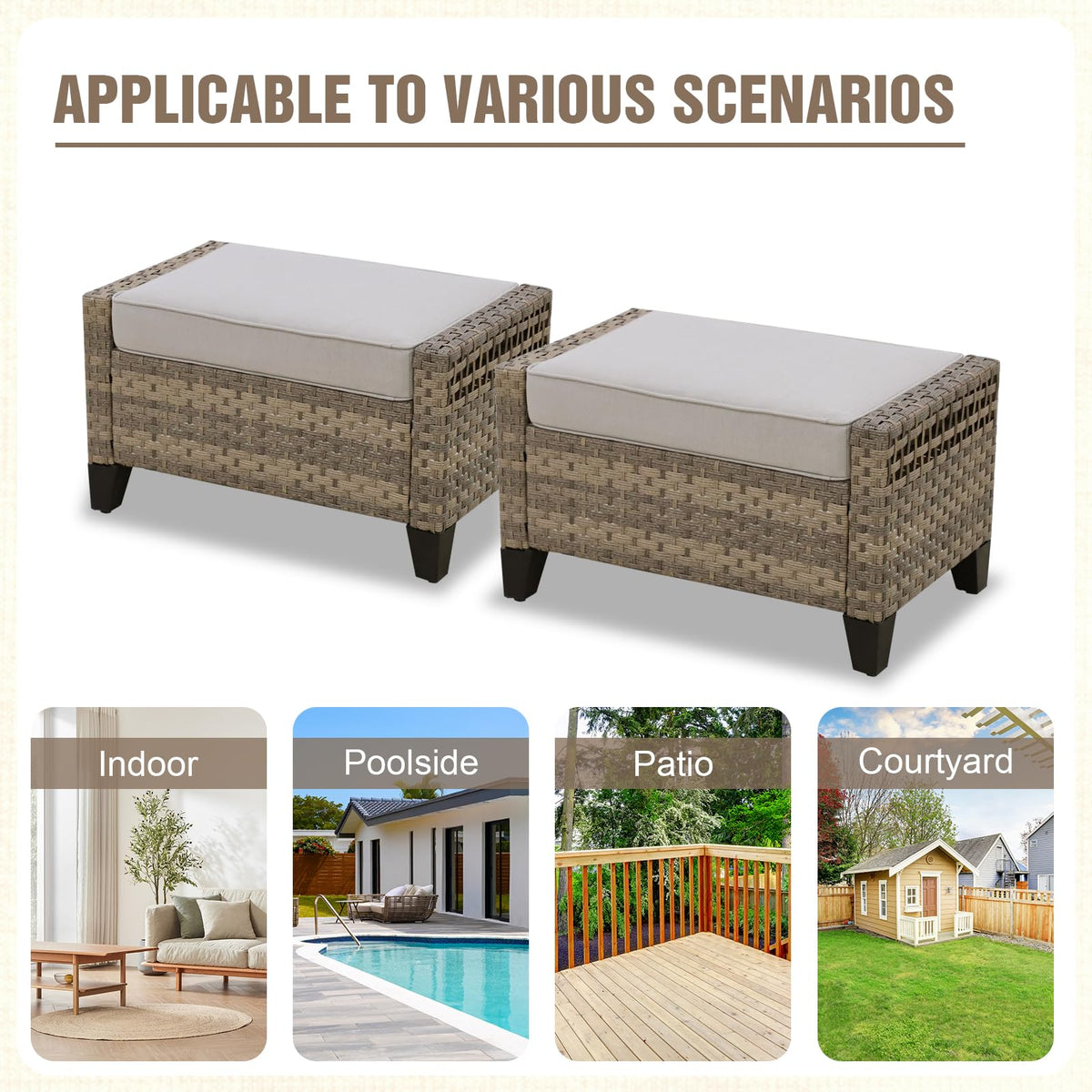 2 Pieces Outdoor Wicker Patio Footstools with Removable Cushions