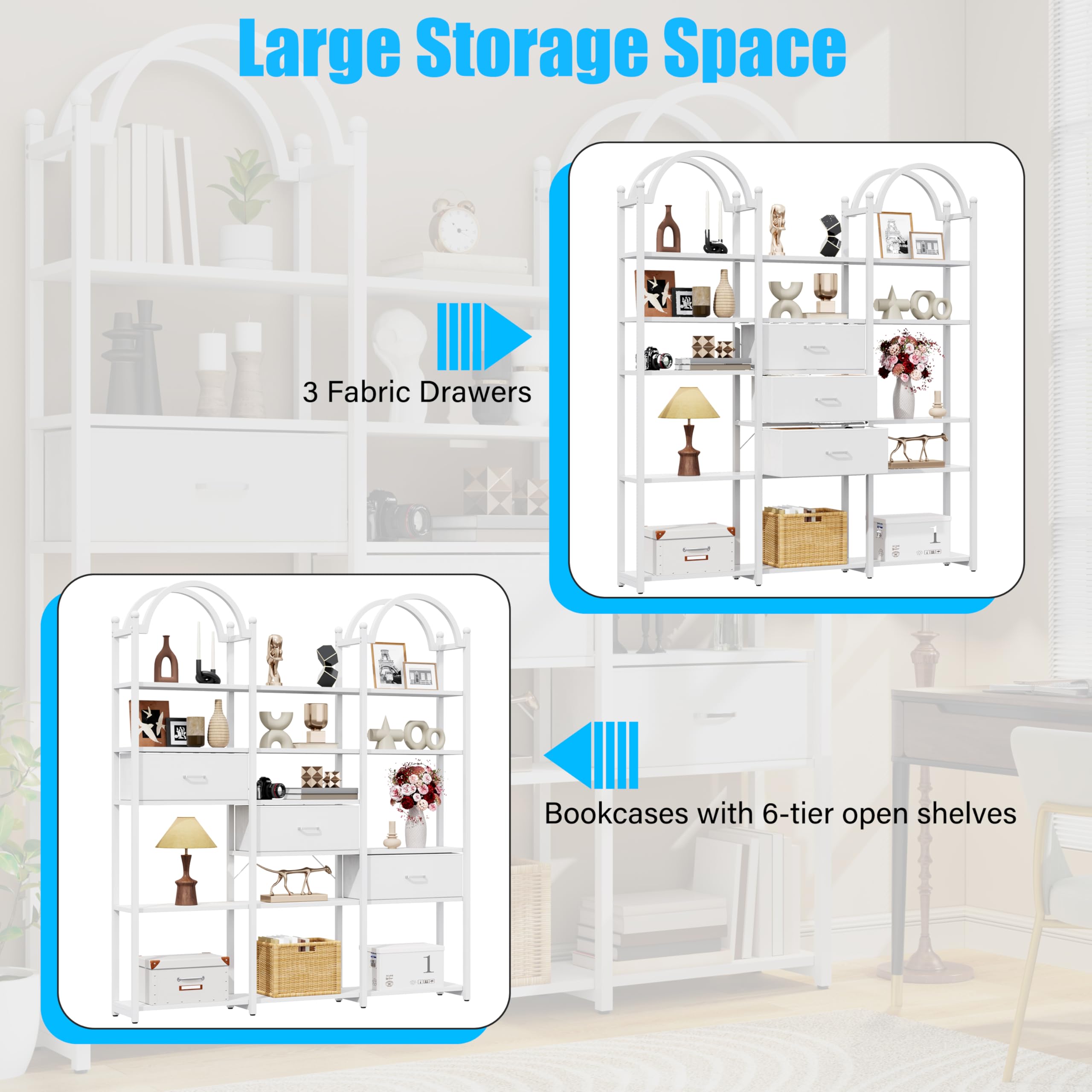 83.5" Tall Arched Bookshelf with 3 Drawers and 13 Storage Shelves