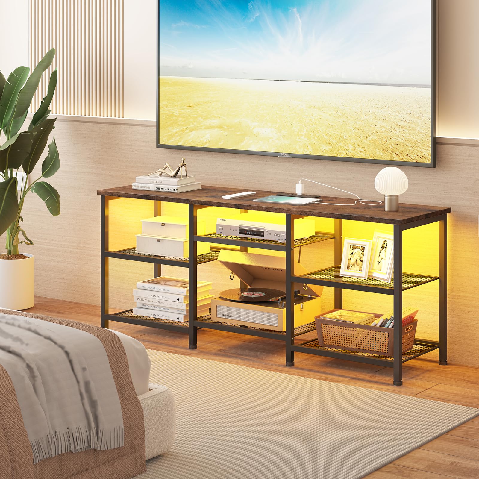 TV Stand with Charging Station and LED Lights