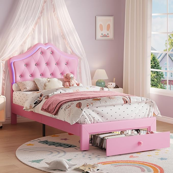 Twin Bed Frame with LED Lights and Storage Drawer