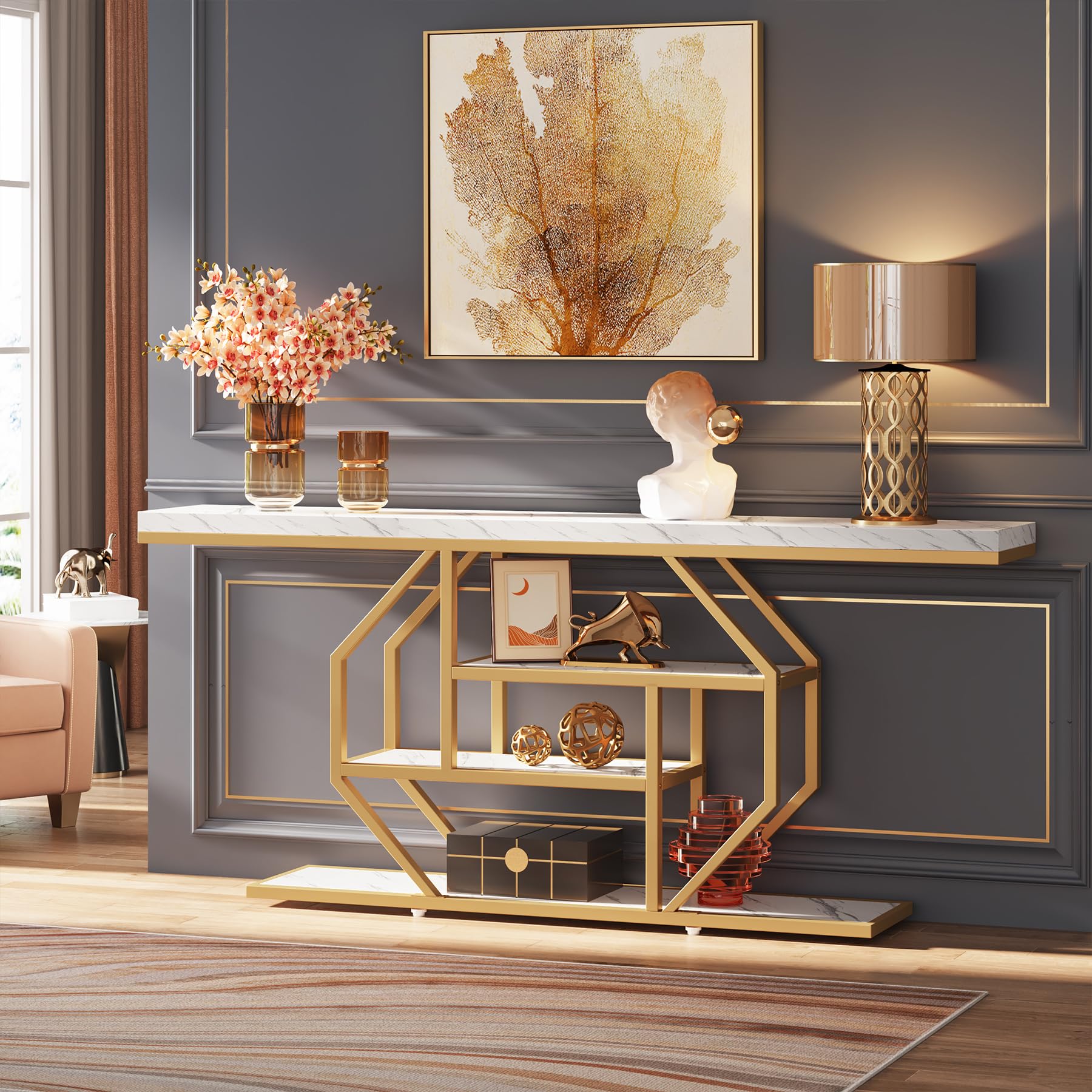 70.9" Extra Long Console Table with 4-Tier Open Shelves
