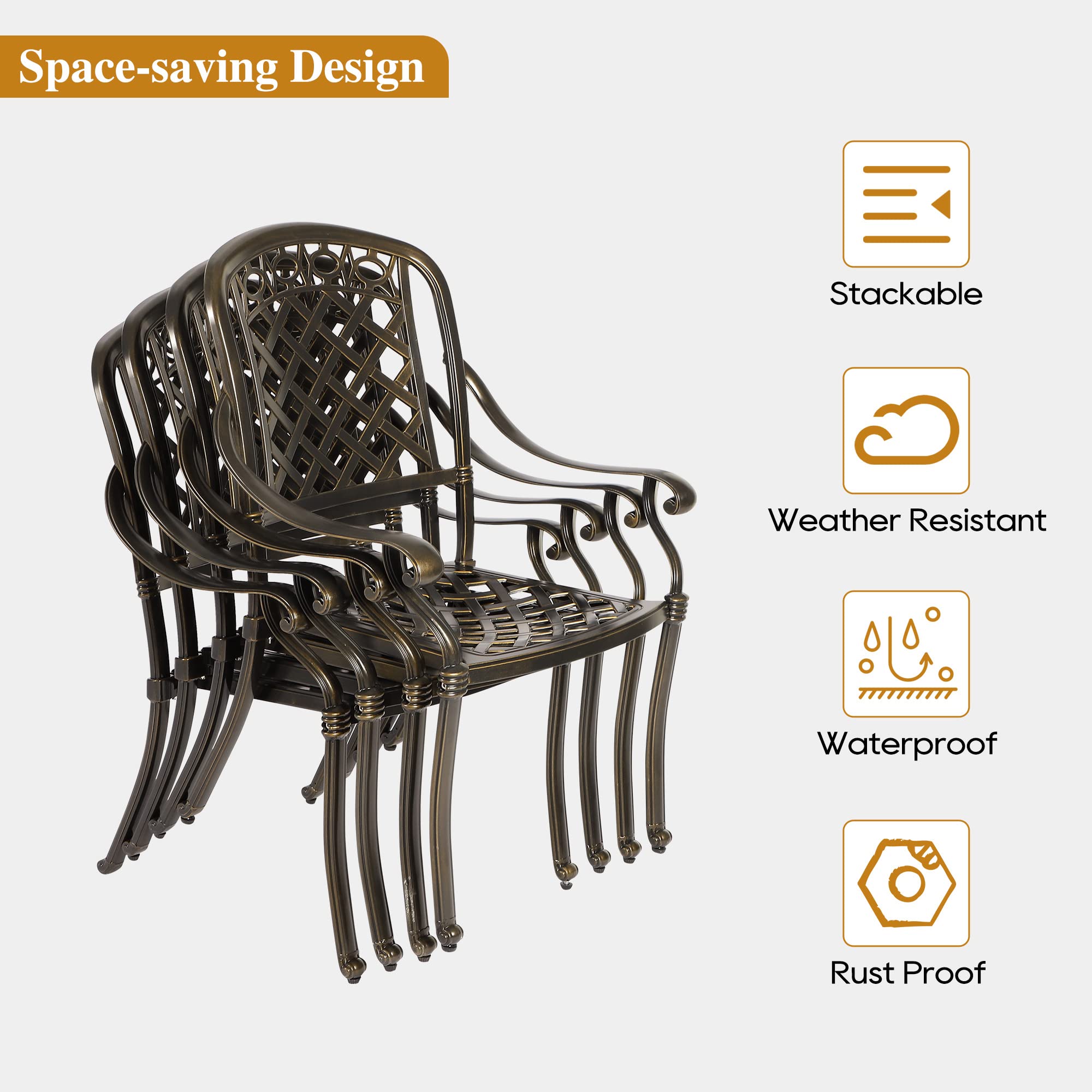 Sumshadow 5-Piece Cast Aluminum Outdoor Patio Dining Set, All Weather Cast Aluminum Outdoor Furniture Dining Set for Patio, Balcony, Lawn, Garden, Backyard w/4 Chairs and Cushions, 2.0" Umbrella Hole