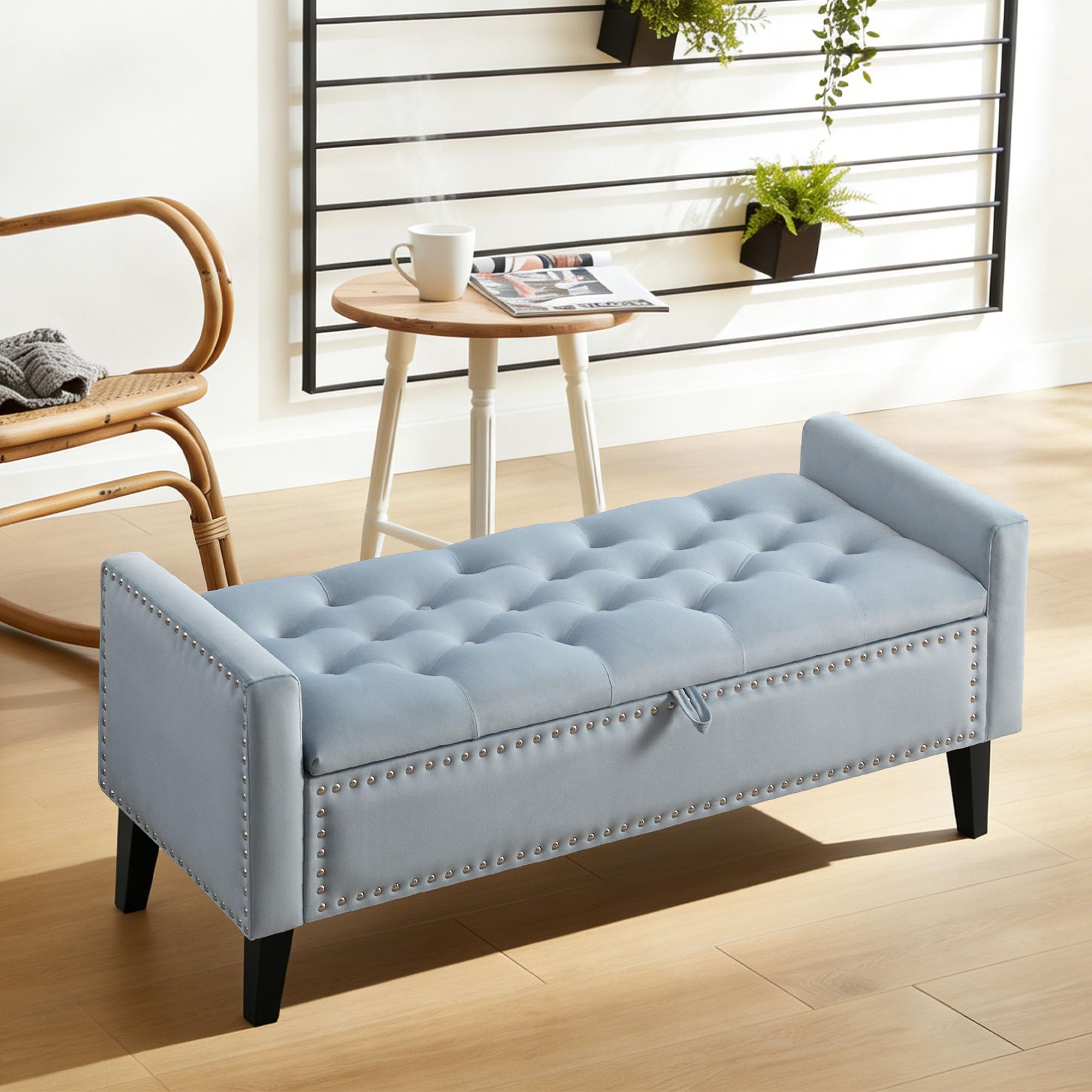 Velvet Storage Ottoman Bench with Arms