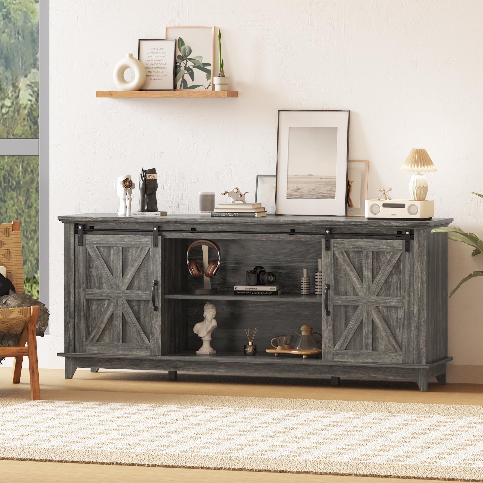 Farmhouse TV Stand for 75 Inch Television with Storage