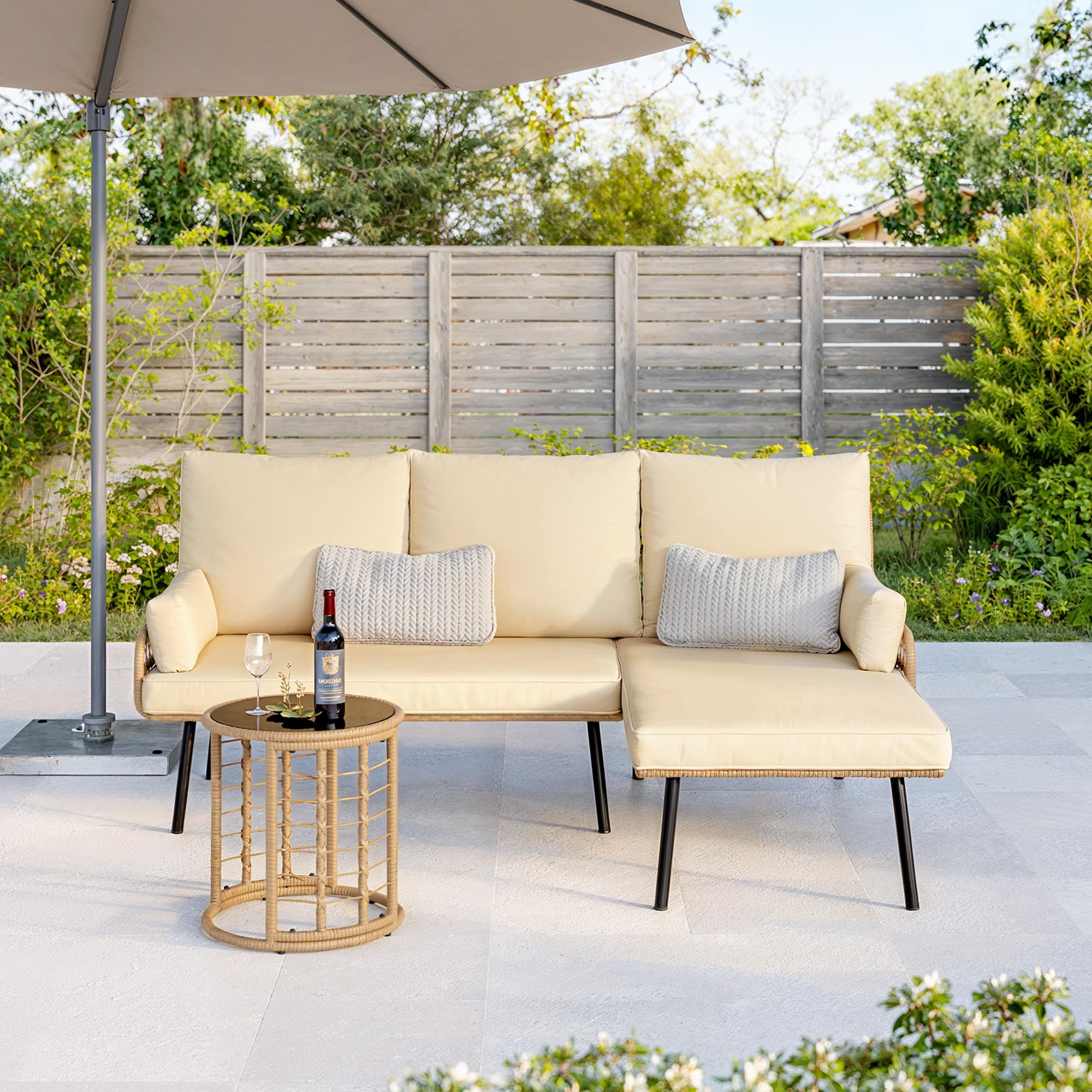 3-Piece Outdoor Patio Furniture Set with L-Shaped Sofa and Glass Table