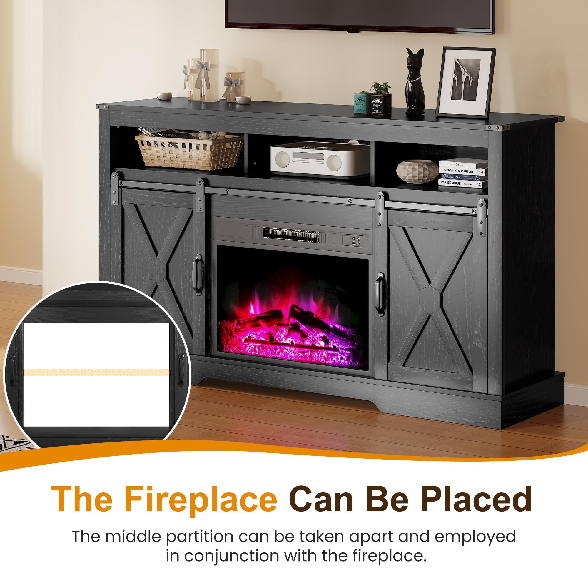 Farmhouse TV Stand with 23" Fireplace for 65+ Inch TV