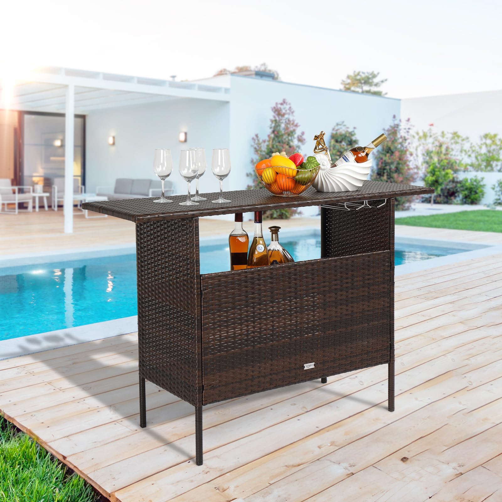Wicker Outdoor Bar Table with Steel Shelves and Storage