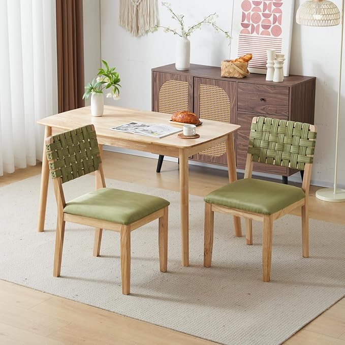 Beige Woven Wooden Dining Chairs Set of 2