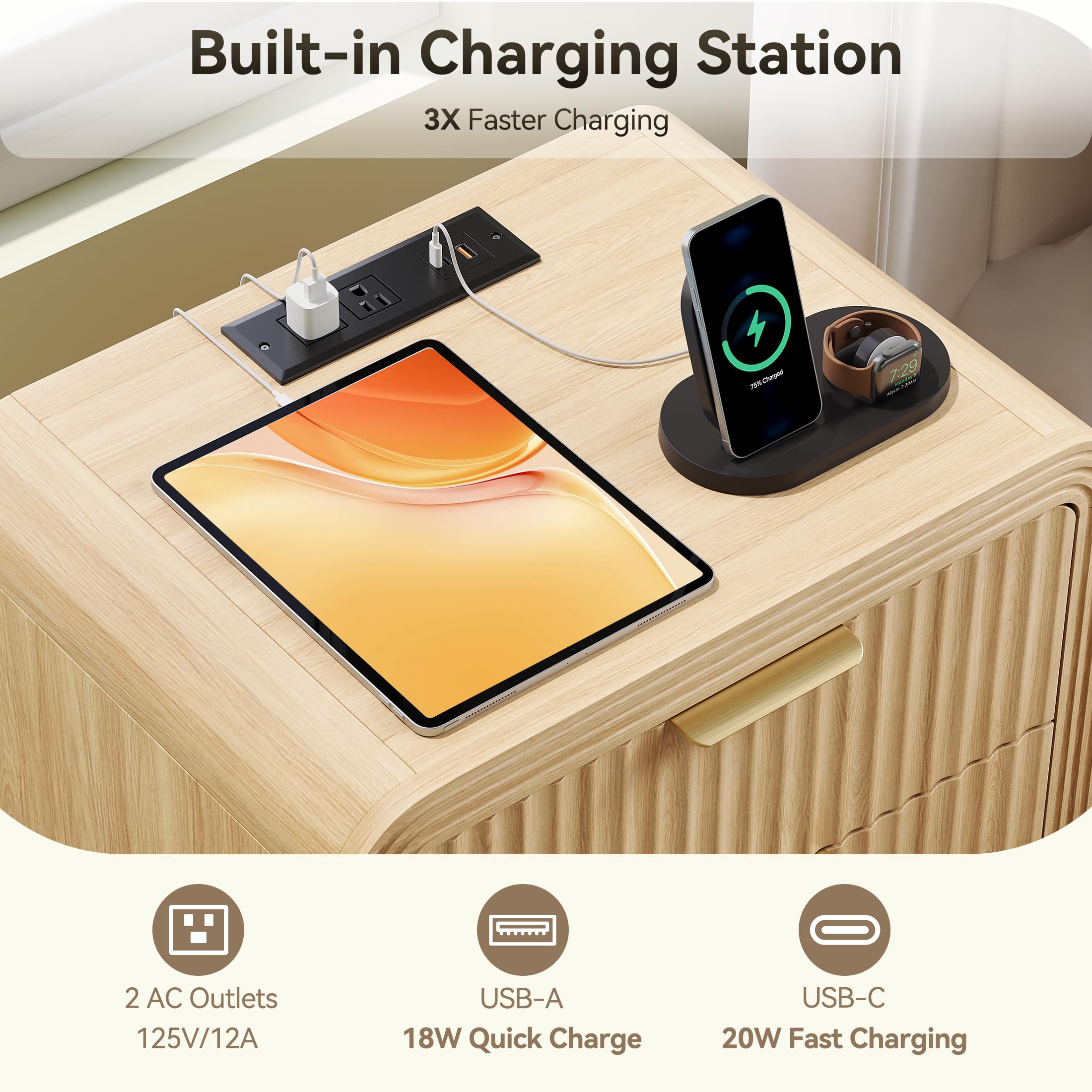 Fluted Nightstand with Charging Station and 3 Drawers