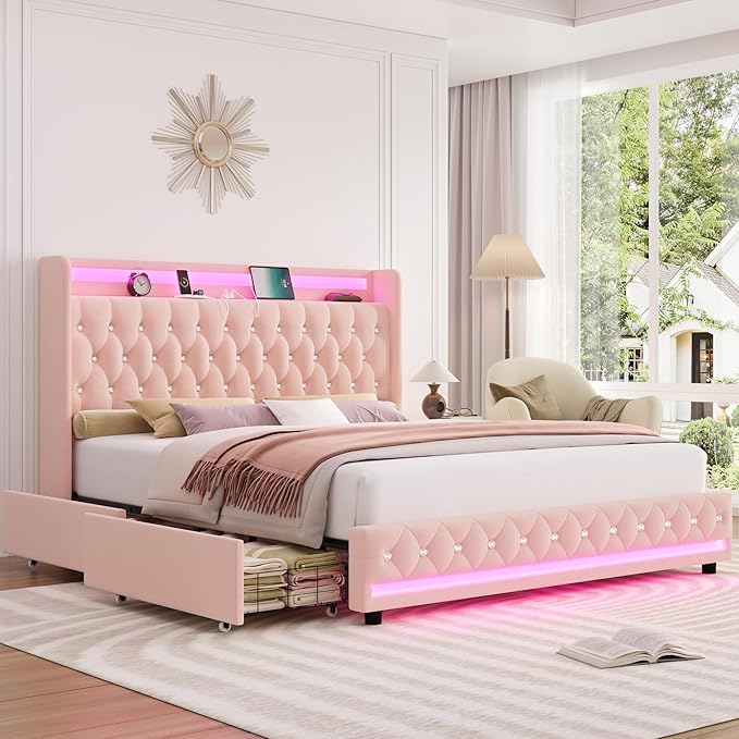Twin LED Bed Frame with Charging Station & Storage Drawers