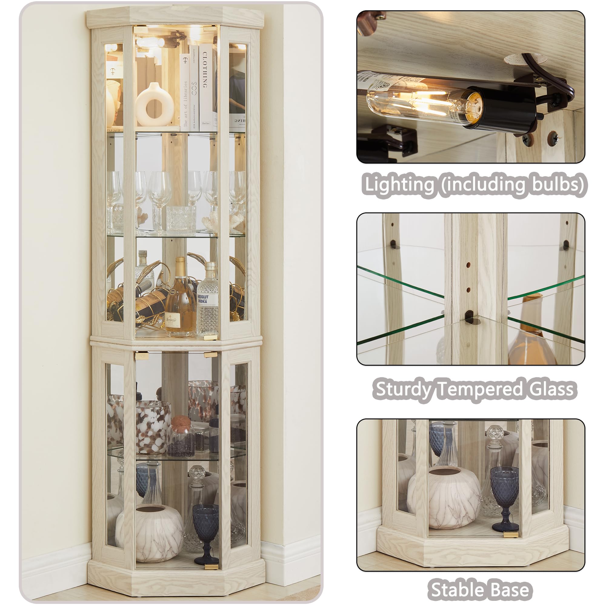 69" Lighted Corner Curio Cabinet with Adjustable Shelves