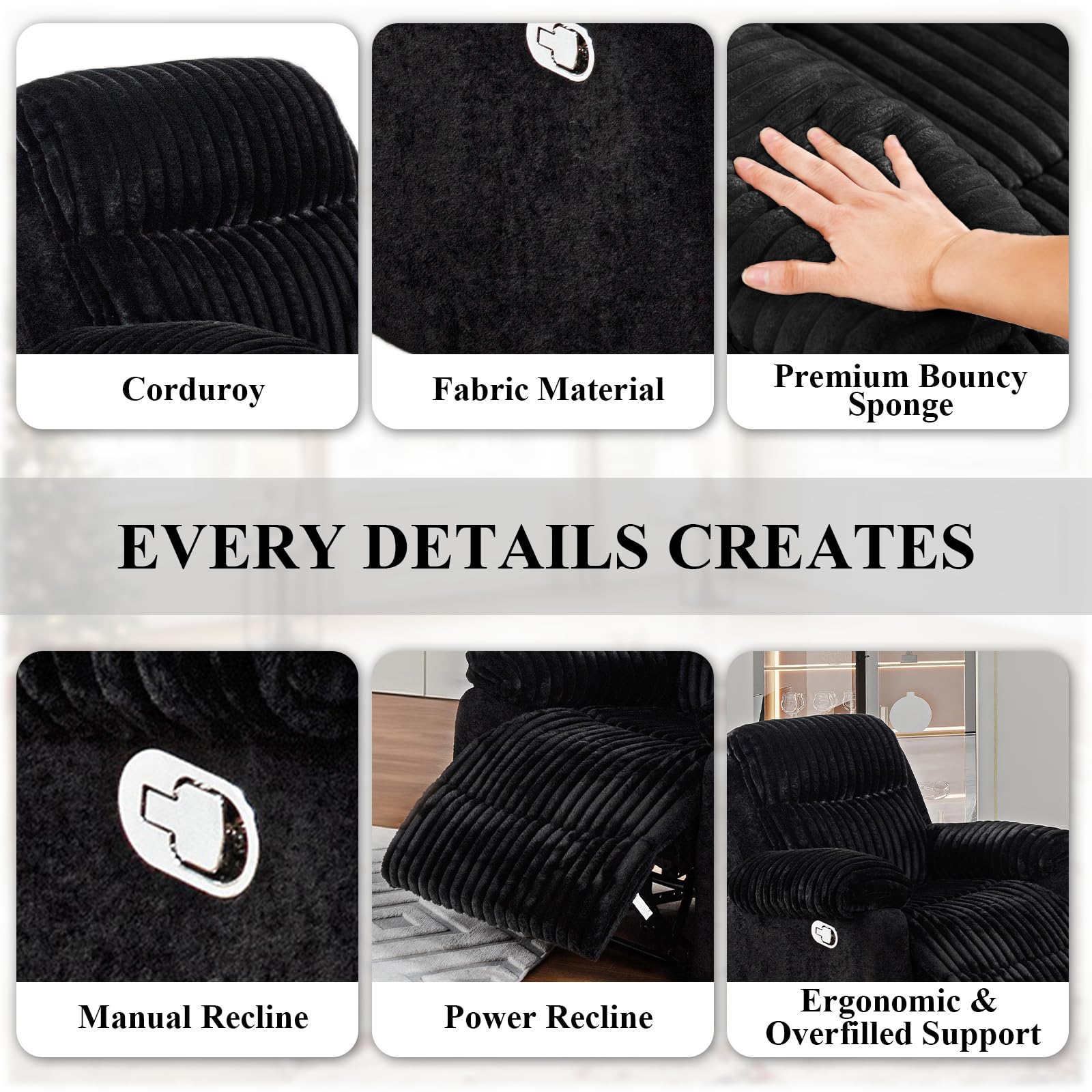 Reclining Sofa Sets, 3 Seater Reclining Couch and Loveseat with Coffee Table, Storage Console, Cup Holders, Corduroy Manual Oversized Recliner Chair with Soft Cushion for Living Room (Black,3PCS)