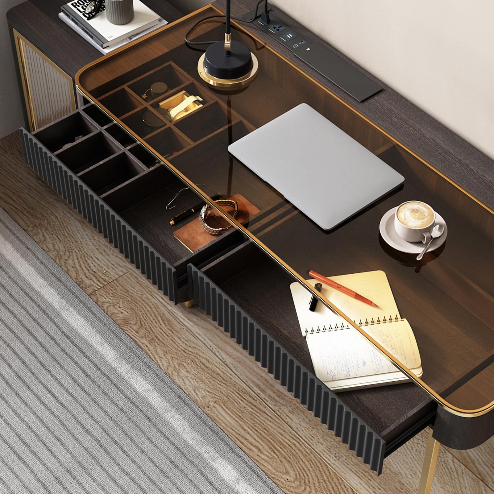 Modern Computer Desk with Retractable Cabinet and LED Lights