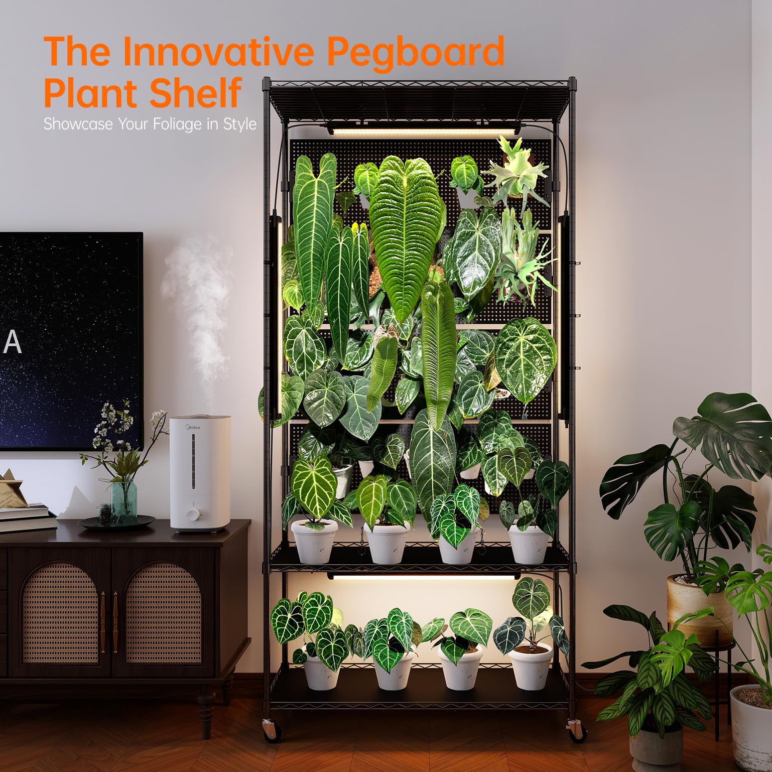 3-Tier Plant Shelf with Grow Lights and Pegboard