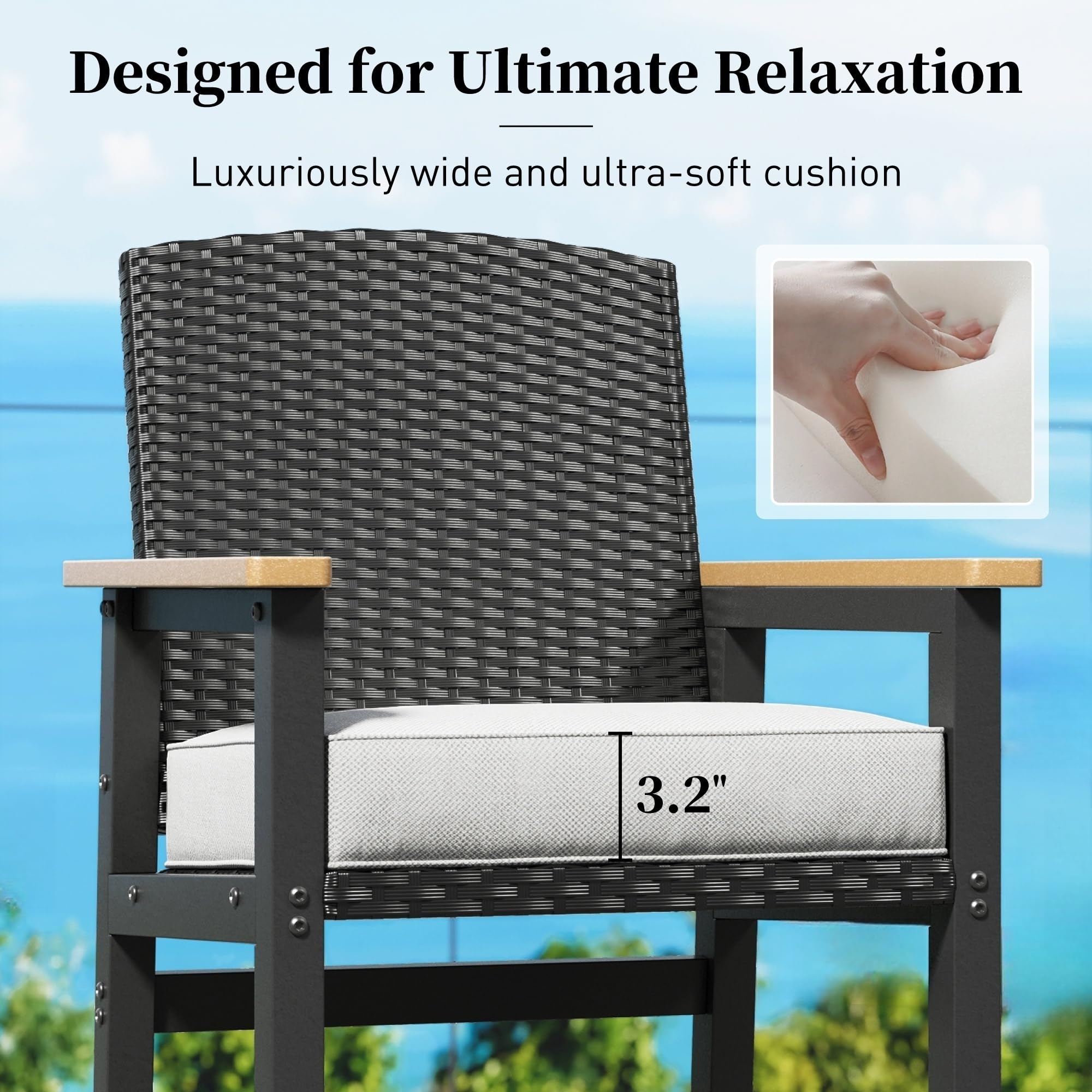 3-Piece Outdoor Bar Set with Cushioned Wicker Chairs