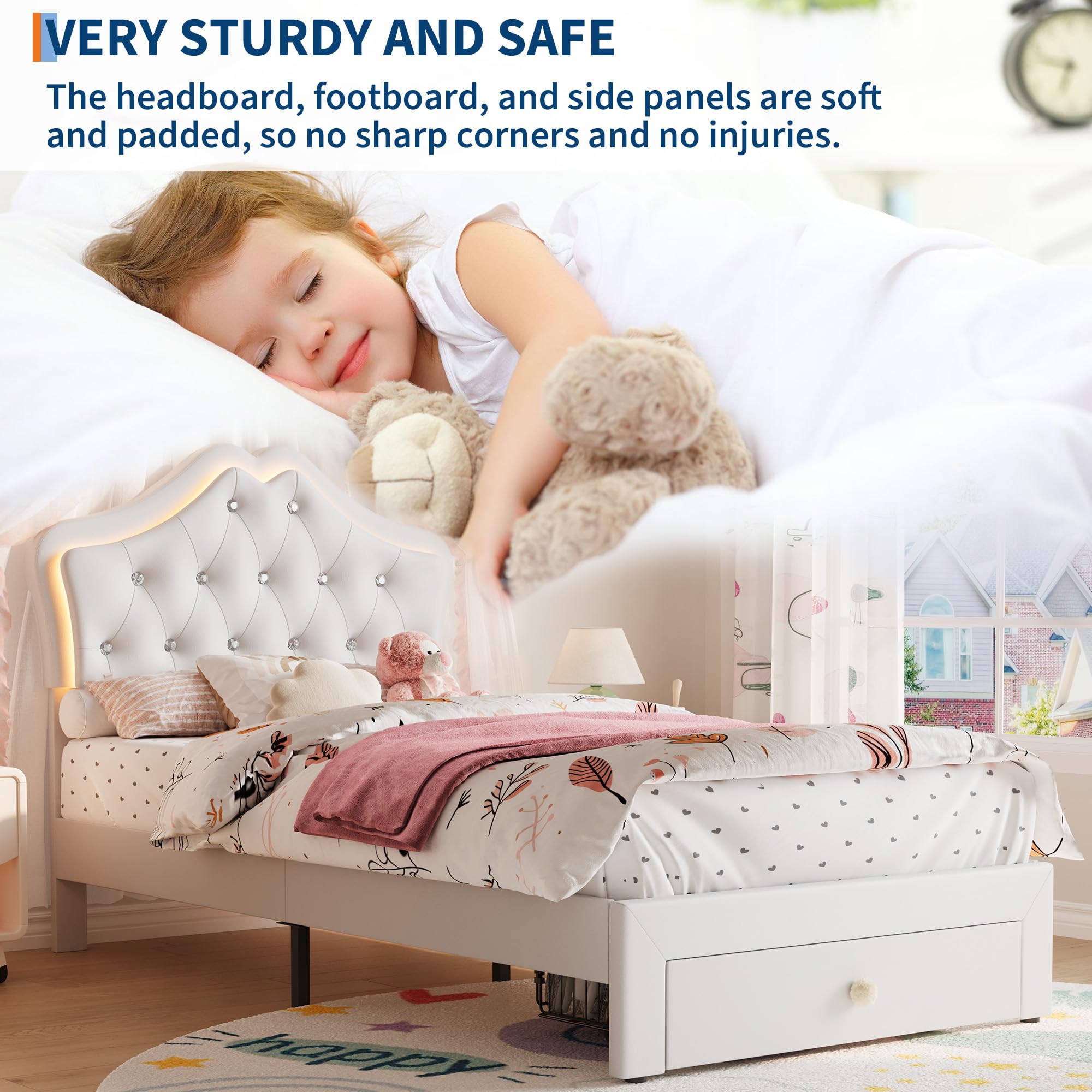 Twin Size Upholstered Platform Bed with LED Lights and Storage Drawer