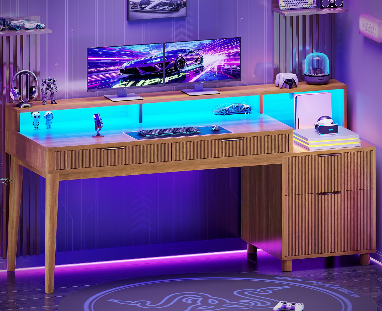 SEDETA Modern Office Desk with 4 Drawers, 59" Fluted Gaming Computer Desk with Storage, LED Lights and Power Strip, Wood Writing Desk Study Table for Home Office, Living Room, Bedroom, Brown