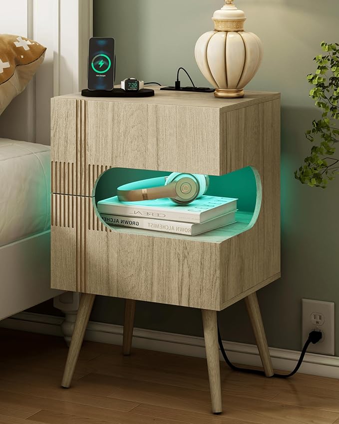 Nightstand with Charging Station and LED Lights