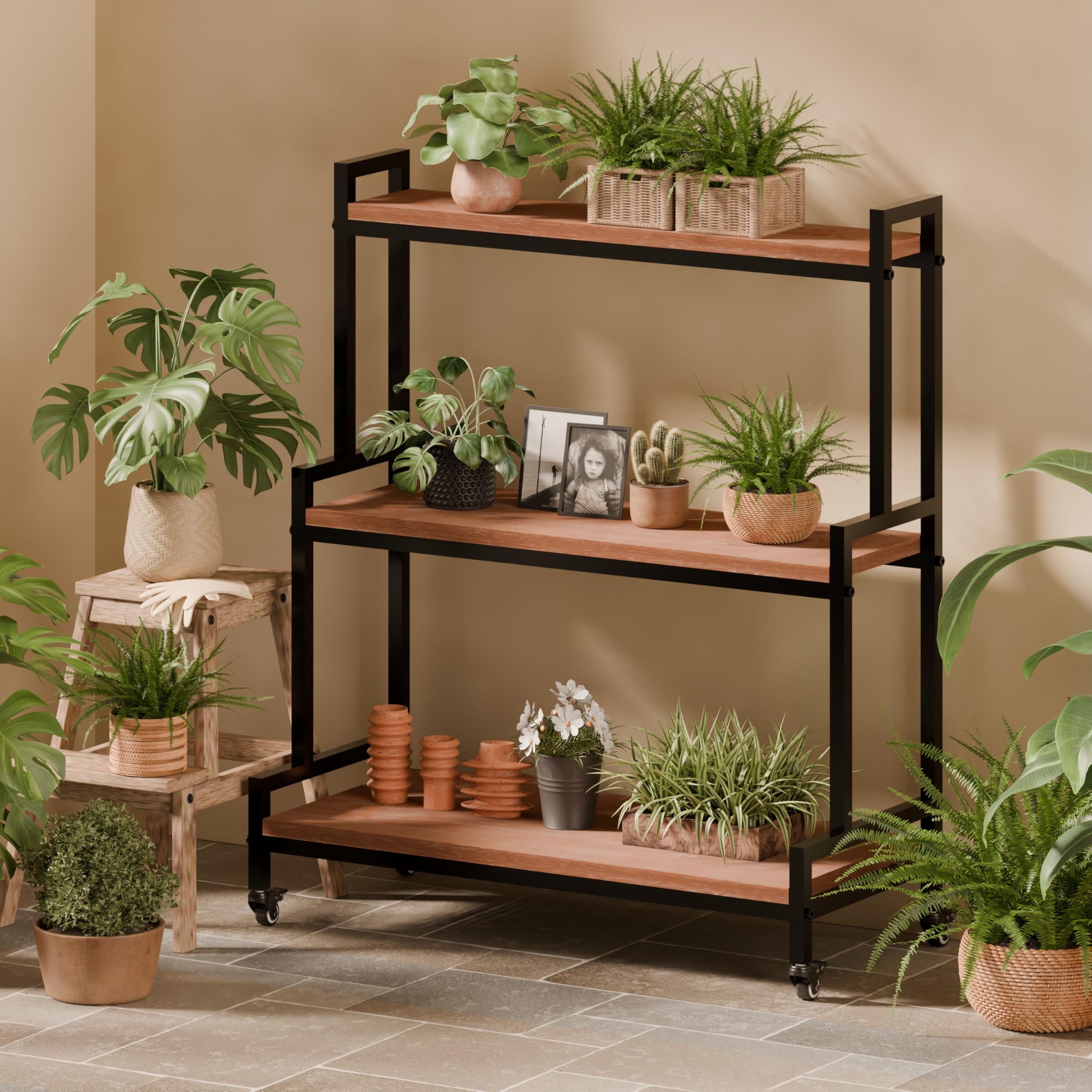 Rustic Plant Stand with Wheels 37" H