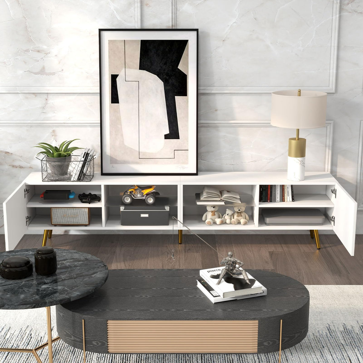 86" LED TV Stand Modern Entertainment Center with Storage Cabinets