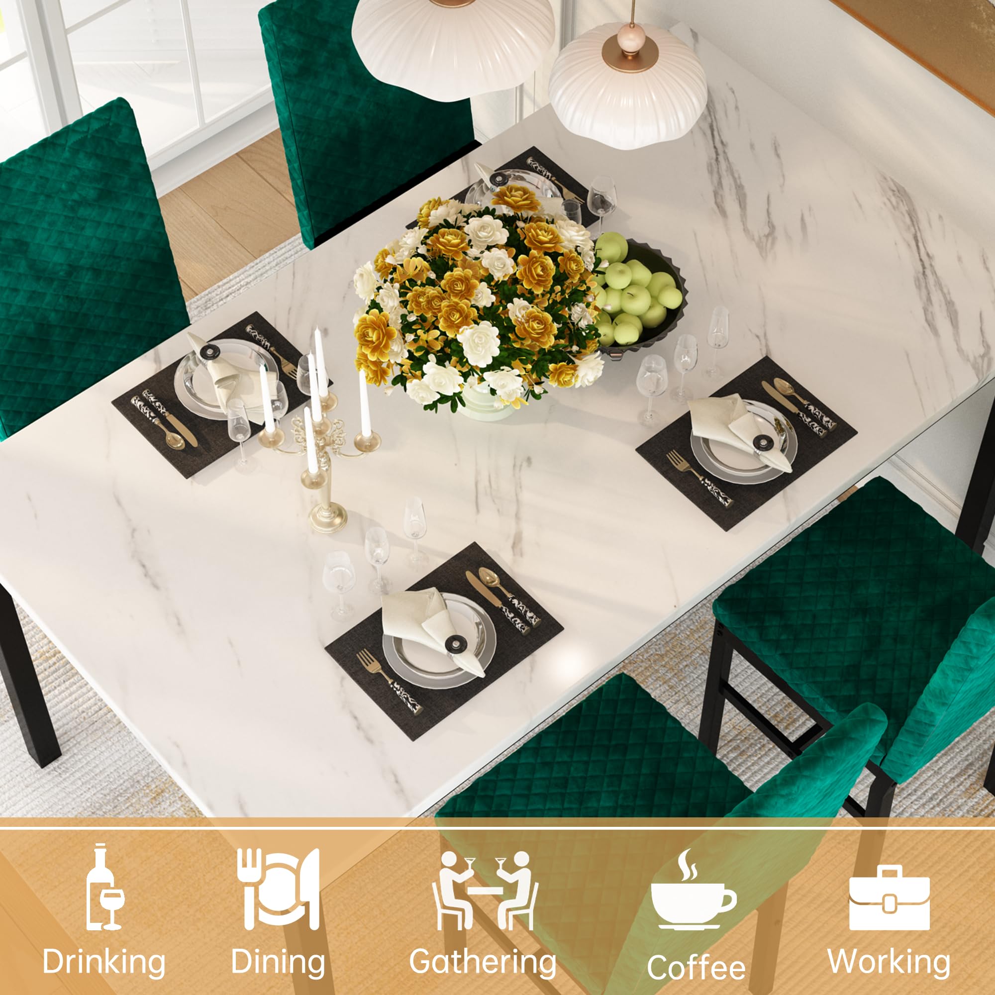 5-Piece Dining Table Set with Faux Marble Top and Velvet Chairs