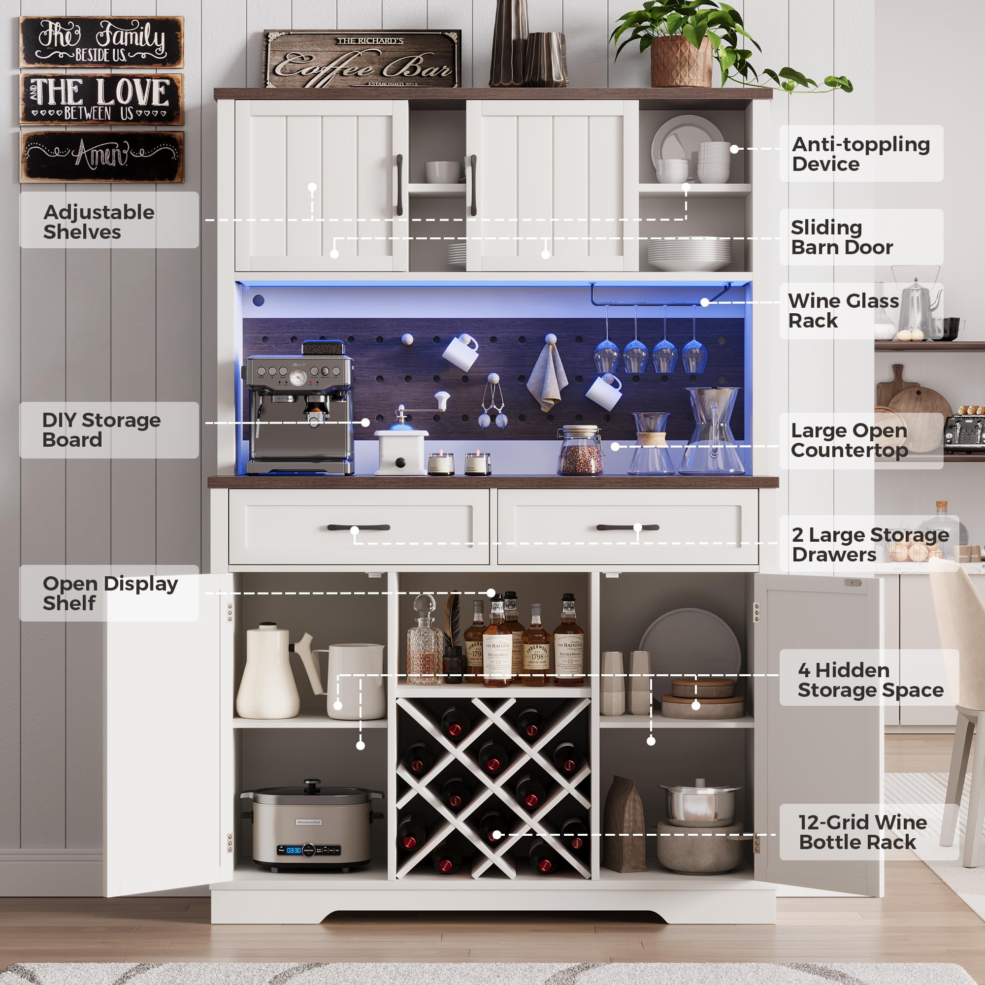 Coffee Bar Cabinet with Power Outlet & LED Light
